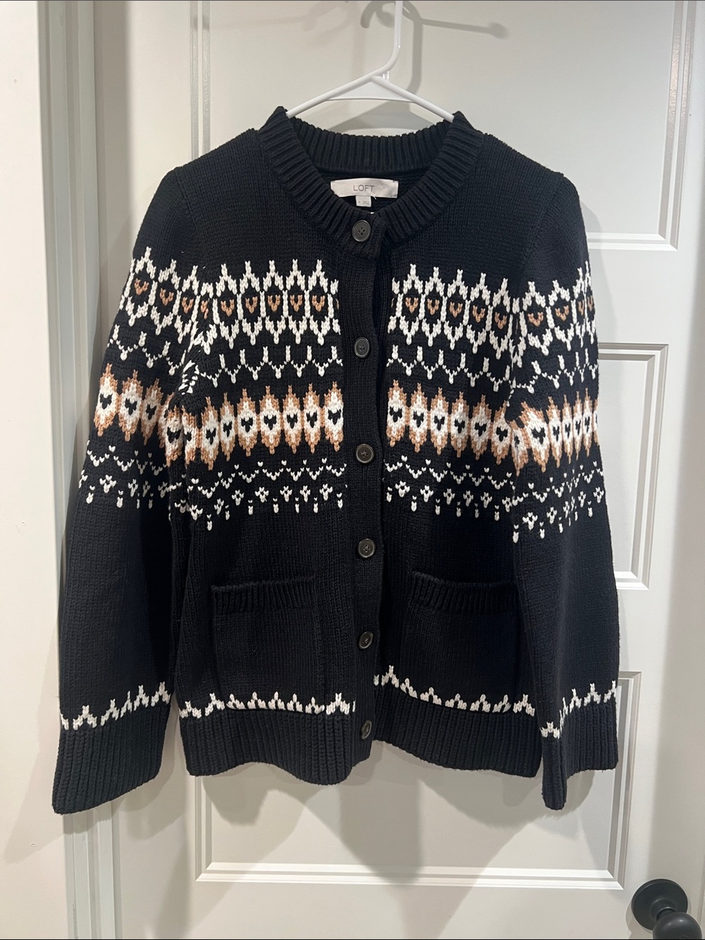 LOFT Black Fair Isle Button Cardigan with White and Tan Accents